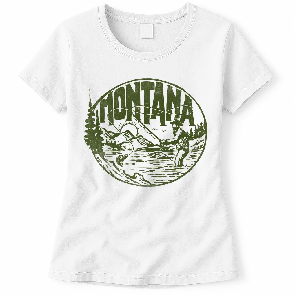 Montana Retro Trout Fishing Vintage Fly Fisherman Sketch Womens T-Shirt