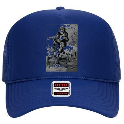 Monkey Riding Tricycle ArtVintage Chimp Funny High Crown Mesh Back Trucker Hat