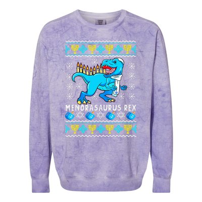 Menorasaurus Rex T Rex Dinosaur Hanukkah Colorblast Crewneck Sweatshirt