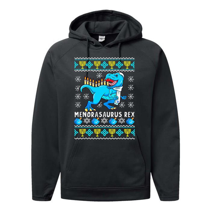 Menorasaurus Rex T Rex Dinosaur Hanukkah Performance Fleece Hoodie