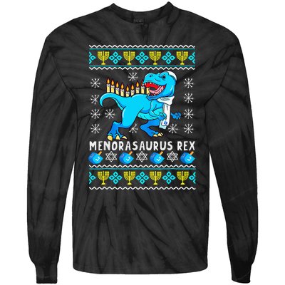 Menorasaurus Rex T Rex Dinosaur Hanukkah Tie-Dye Long Sleeve Shirt