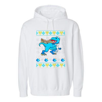 Menorasaurus Rex T Rex Dinosaur Hanukkah Garment-Dyed Fleece Hoodie