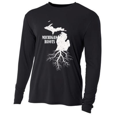 Michigan Roots Vintage Pride State Map Gift Cooling Performance Long Sleeve Crew