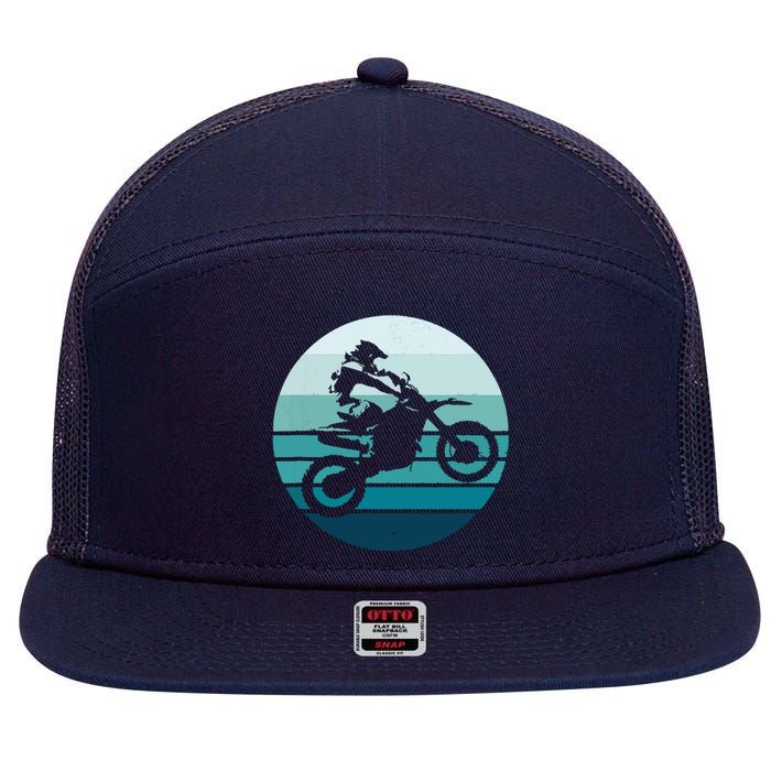 Motocross Retro Vintage Dirt Bike Rider Sunset Background 7 Panel Mesh Trucker Snapback Hat