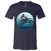 Motocross Retro Vintage Dirt Bike Rider Sunset Background V-Neck T-Shirt