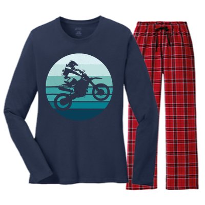 Motocross Retro Vintage Dirt Bike Rider Sunset Background Women's Long Sleeve Flannel Pajama Set 