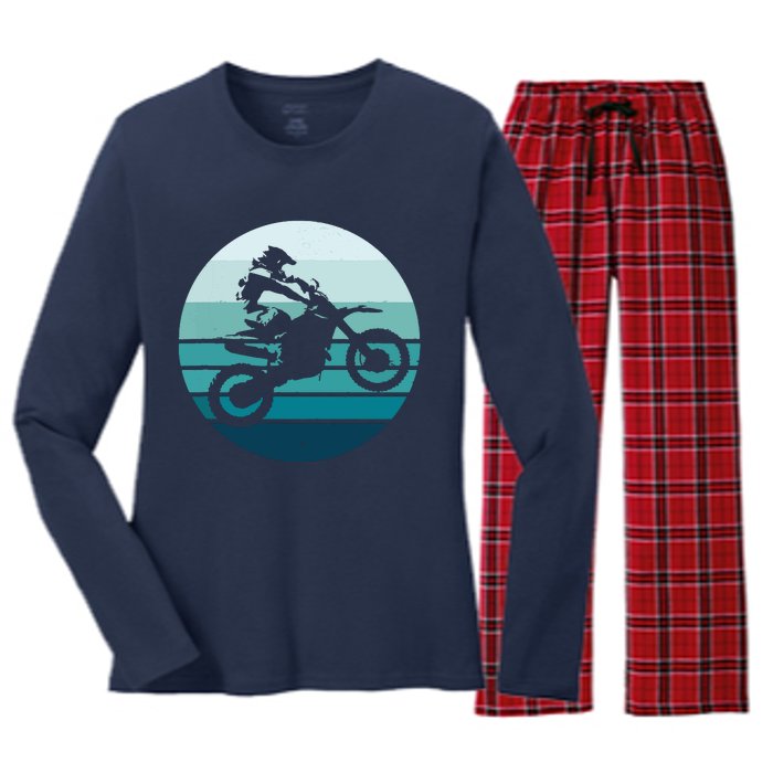 Motocross Retro Vintage Dirt Bike Rider Sunset Background Women's Long Sleeve Flannel Pajama Set 