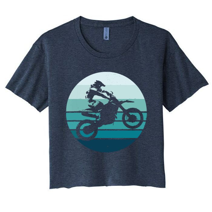 Motocross Retro Vintage Dirt Bike Rider Sunset Background Women's Crop Top Tee