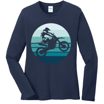 Motocross Retro Vintage Dirt Bike Rider Sunset Background Ladies Long Sleeve Shirt