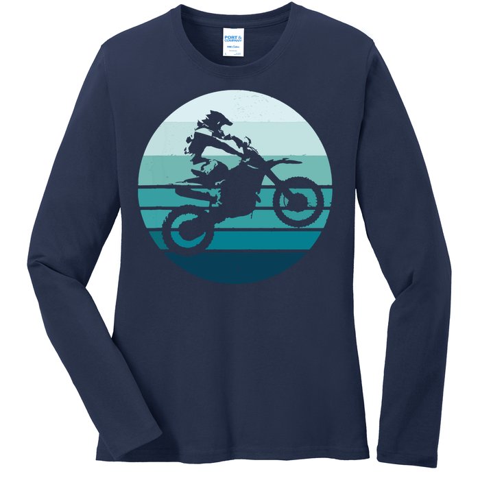 Motocross Retro Vintage Dirt Bike Rider Sunset Background Ladies Long Sleeve Shirt