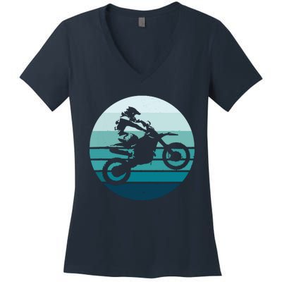 Motocross Retro Vintage Dirt Bike Rider Sunset Background Women's V-Neck T-Shirt