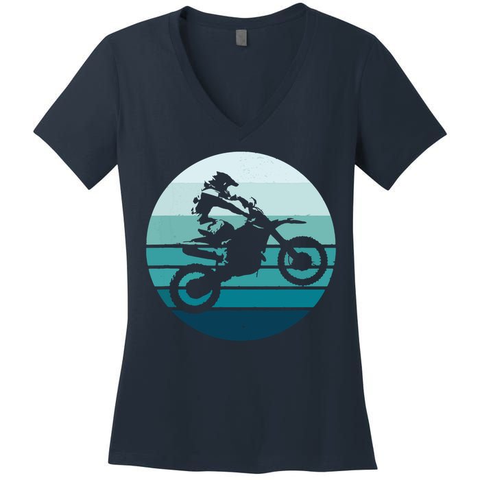 Motocross Retro Vintage Dirt Bike Rider Sunset Background Women's V-Neck T-Shirt