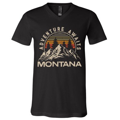 Montana Retro Vintage Outdoors Mountain Graphic Design V-Neck T-Shirt