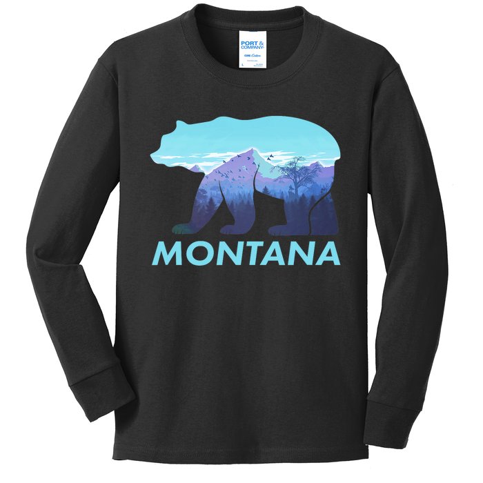 Montana Retro Vintage Outdoors Mountain Graphic Design Kids Long Sleeve Shirt