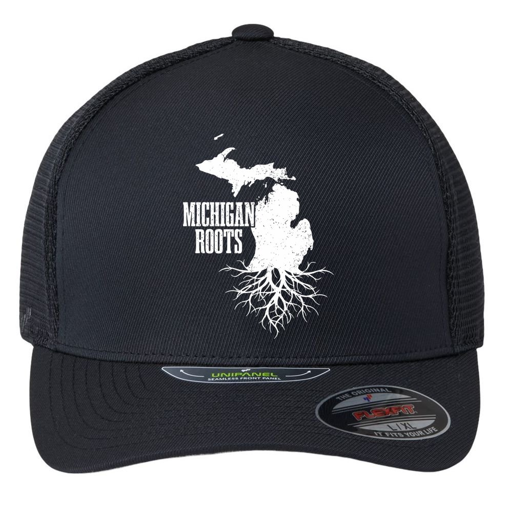 Michigan Roots Vintage Pride State Map Flexfit Unipanel Trucker Cap