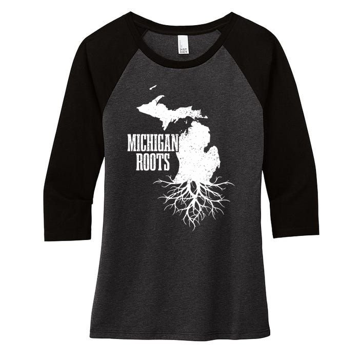 Michigan Roots Vintage Pride State Map Women's Tri-Blend 3/4-Sleeve Raglan Shirt