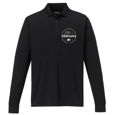 Montana Retro Vintage Mountain Outdoors State Graphic Performance Long Sleeve Polo