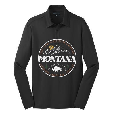 Montana Retro Vintage Mountain Outdoors State Graphic Silk Touch Performance Long Sleeve Polo