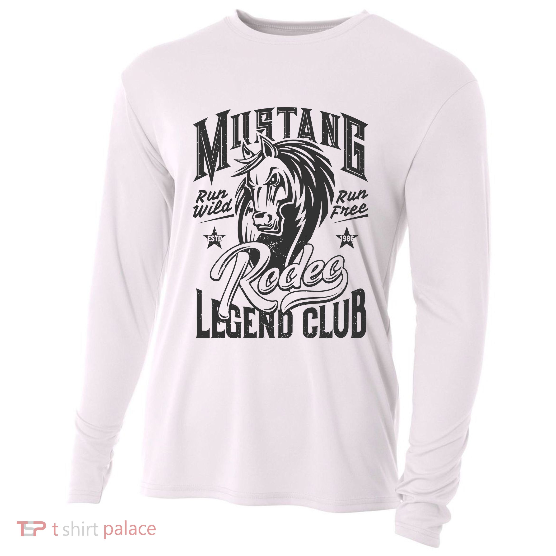 Mustang Run Wild Run Free Rodeo Legend Club Cooling Performance Long Sleeve Crew
