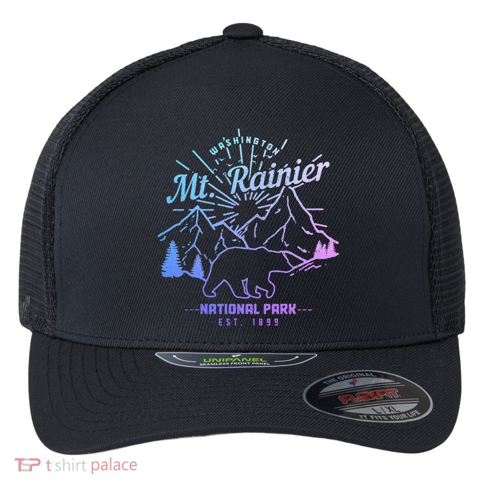 Mt. Rainier Washington Vintage Mountain National Park Pnw Flexfit Unipanel Trucker Cap