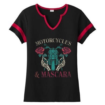 Motorbike Riding Women Motorcycles And Mascara Roses Biker Ladies Halftime Notch Neck Tee