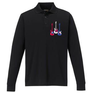 Multicolor Red White Blue Three Electric Guitar With Handle Performance Long Sleeve Polo