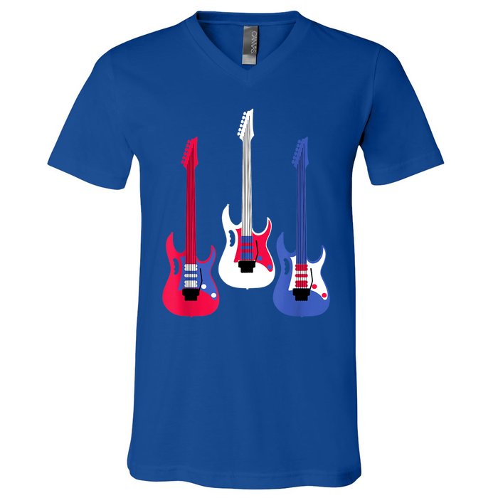 Multicolor Red White Blue Three Electric Guitar With Handle V-Neck T-Shirt