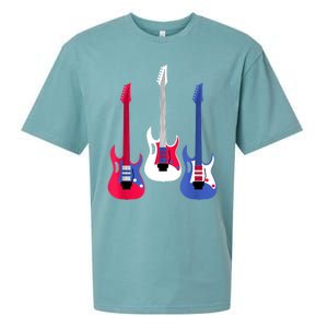 Multicolor Red White Blue Three Electric Guitar With Handle Sueded Cloud Jersey T-Shirt