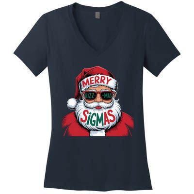 Merry Riz Z Mas Sigmas Cute Cool Santa Face With Hat Middle School Christmas Women's V-Neck T-Shirt