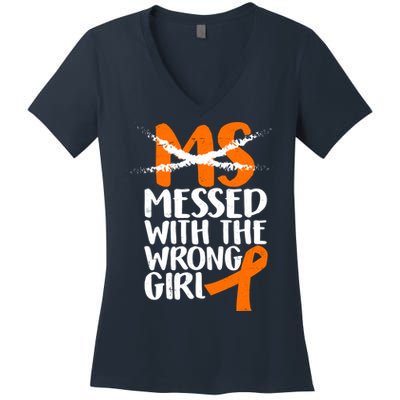 MS Multiple Sclerosis Messed With The Wrong Chick Women's V-Neck T-Shirt