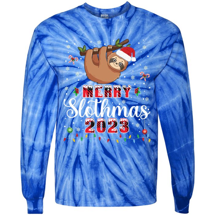 Merry Slothmas 2023 With Santa Funny Family Matching Xmas Funny Gift Tie-Dye Long Sleeve Shirt