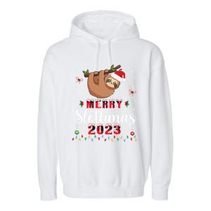 Merry Slothmas 2023 With Santa Funny Family Matching Xmas Funny Gift Garment-Dyed Fleece Hoodie