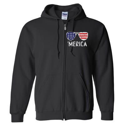 Merica Sunglasses 4th Of July Usa Pride Full Zip Hoodie