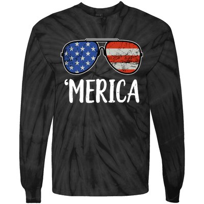 Merica Sunglasses 4th Of July USA American Flag Tie-Dye Long Sleeve Shirt