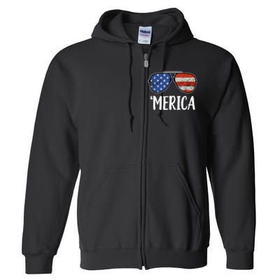 Merica Sunglasses 4th Of July USA American Flag Full Zip Hoodie