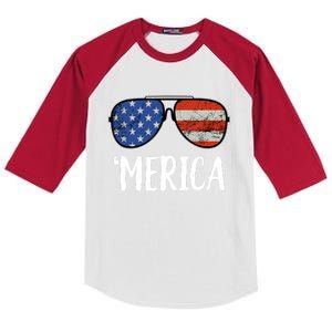 Merica Sunglasses 4th Of July USA American Flag Kids Colorblock Raglan Jersey