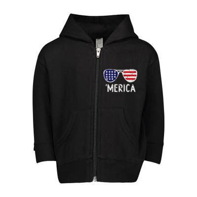 Merica Sunglasses 4th Of July Usa Toddler Zip Fleece Hoodie