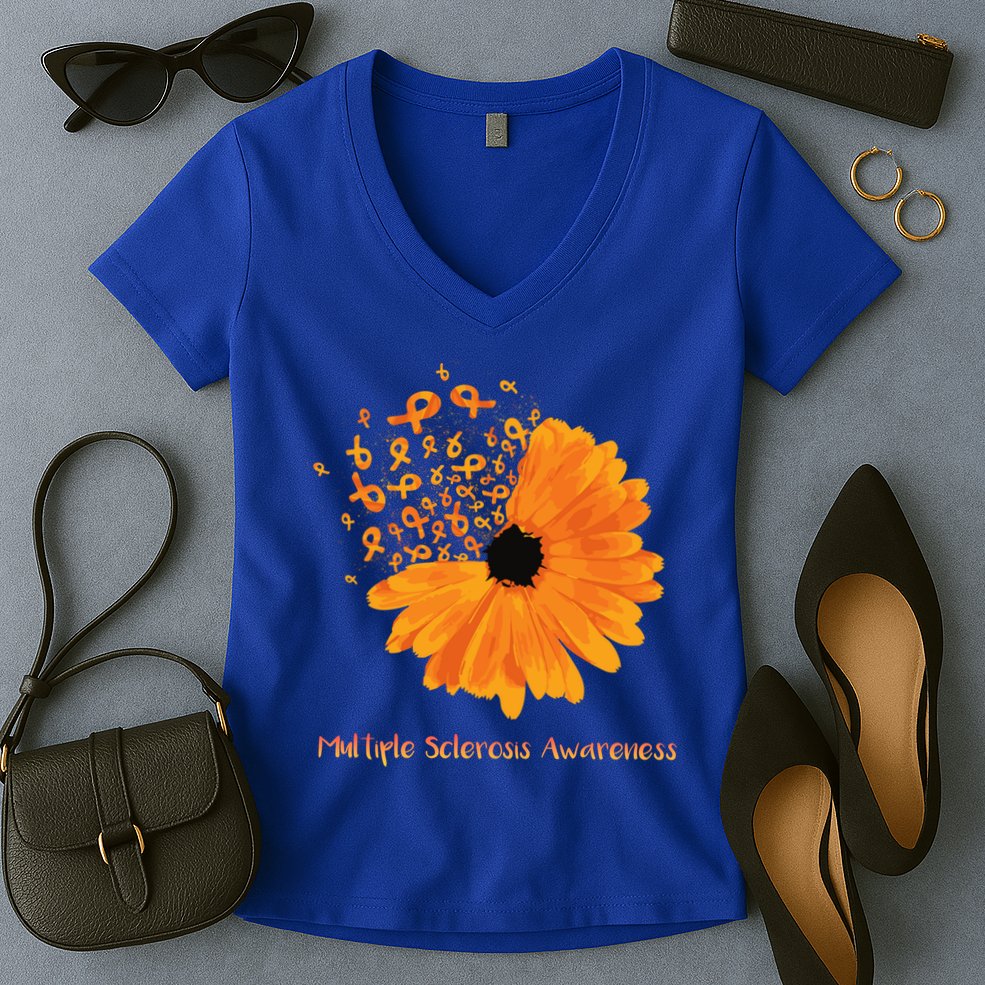 Multiple Sclerosis Awareness Ribbon Flower Ms Hope Fighter Gift Women's V-Neck T-Shirt