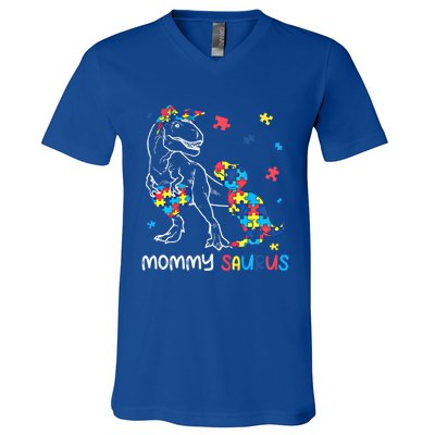 Mommy Saurus Autism Awareness Autistic Dinosaur Family Gift V-Neck T-Shirt