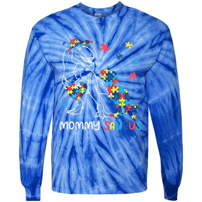 Mommy Saurus Autism Awareness Autistic Dinosaur Family Gift Tie-Dye Long Sleeve Shirt