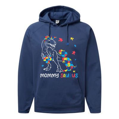 Mommy Saurus Autism Awareness Autistic Dinosaur Family Gift Performance Fleece Hoodie