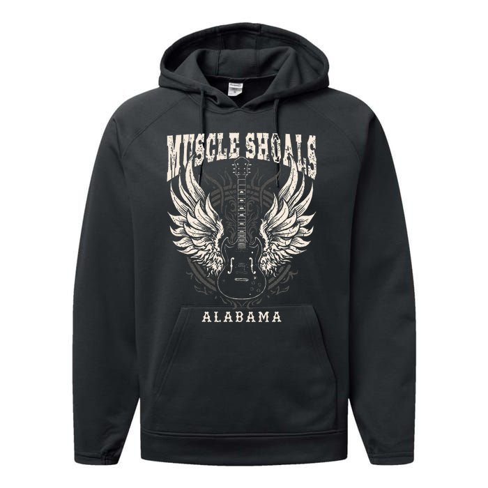 Muscle Shoals Alabama Vintage Guitar Wings Performance Fleece Hoodie