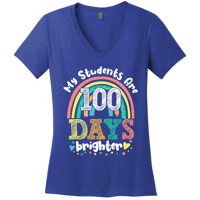 My Students Are 100 Days Brighter Rainbow 100th Day School Funny Gift Women's V-Neck T-Shirt