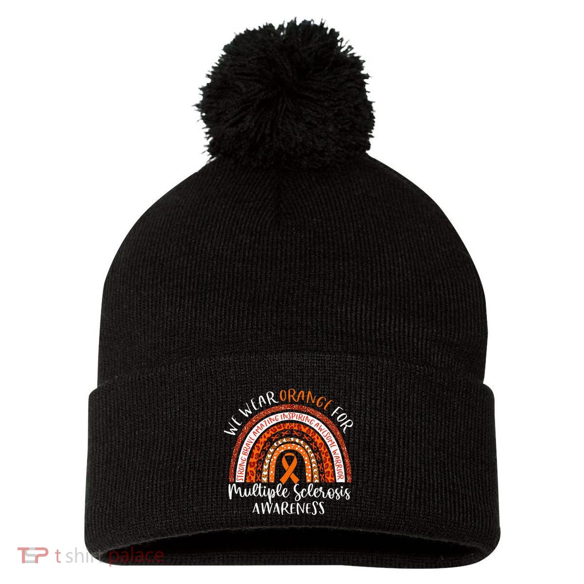 Multiple Sclerosis Awareness We Wear Orange Ms Rainbow Pom Pom 12in Knit Beanie
