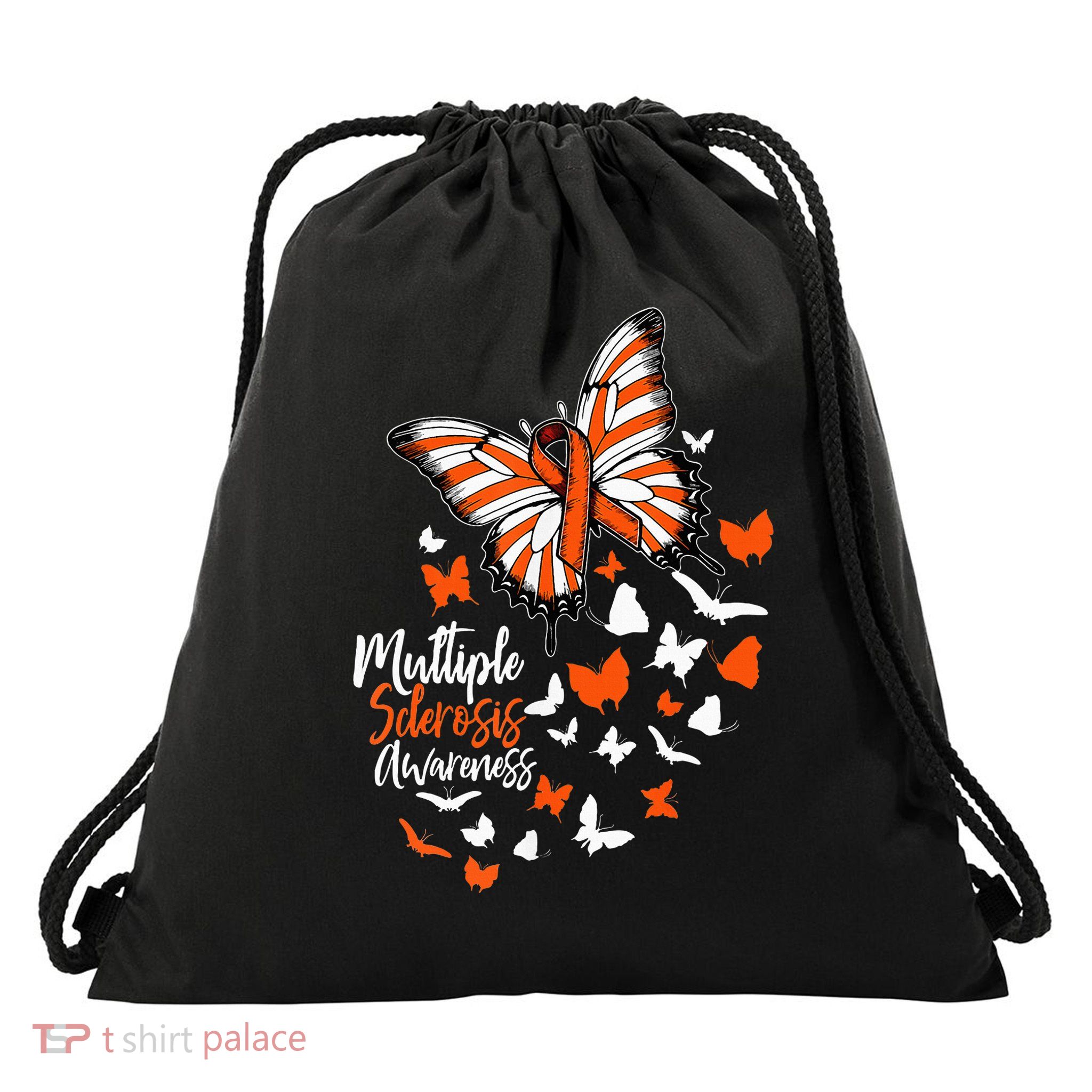 Multiple Sclerosis Awareness Butterfly Orange Ribbon  Drawstring Bag