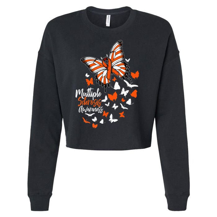 Multiple Sclerosis Awareness Butterfly Orange Ribbon  Cropped Pullover Crew