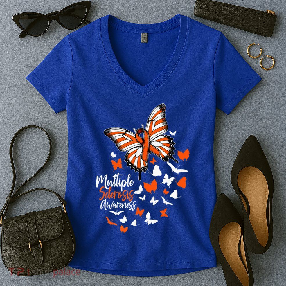 Multiple Sclerosis Awareness Butterfly Orange Ribbon  Women's V-Neck T-Shirt