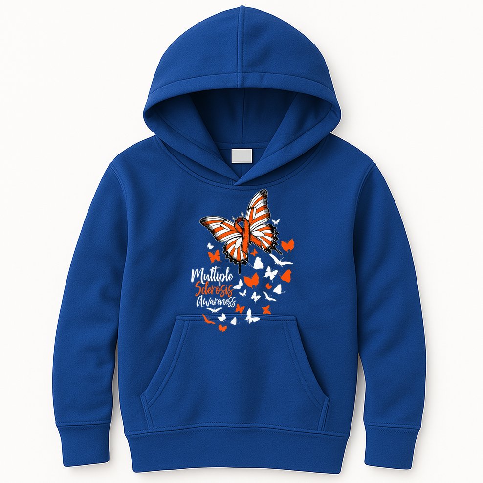 Multiple Sclerosis Awareness Butterfly Orange Ribbon  Kids Hoodie