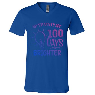 My Students Are 100 Days Brighter 100th Day School Teacher Great Gift V-Neck T-Shirt