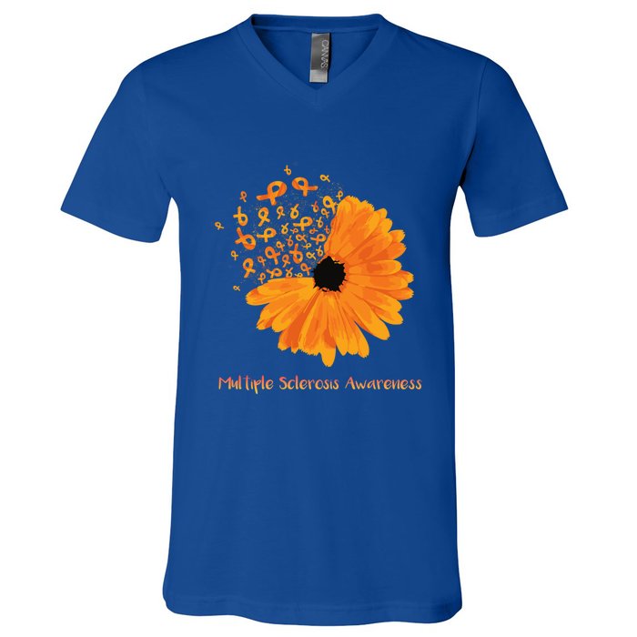 Multiple Sclerosis Awareness Ribbon Flower Ms Hope Fighter Cool Gift V-Neck T-Shirt